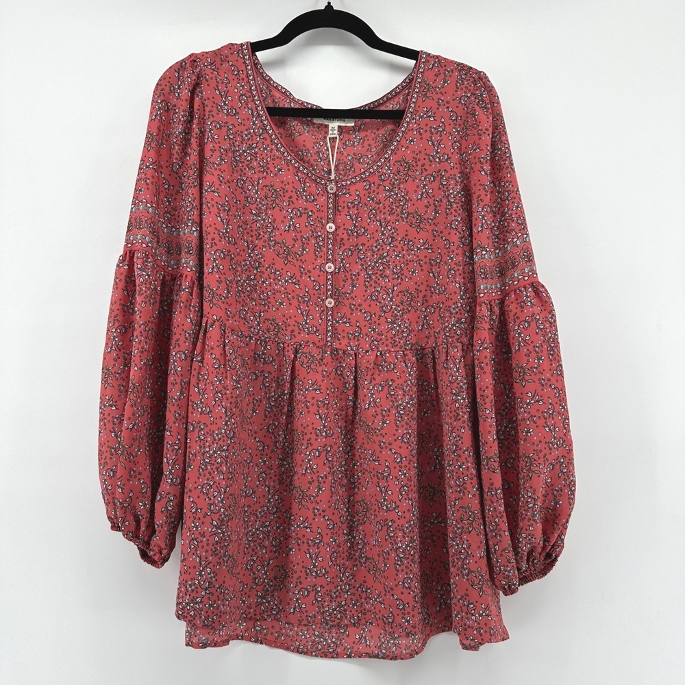 Max Studio Women Pink Floral Balloon Sleeve Babydoll Blouse Top A709D35 Size M